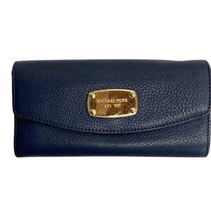 Michael Kors Navy Blue Pebbled Leather Wallet With Gold Hardware & Multiple Card